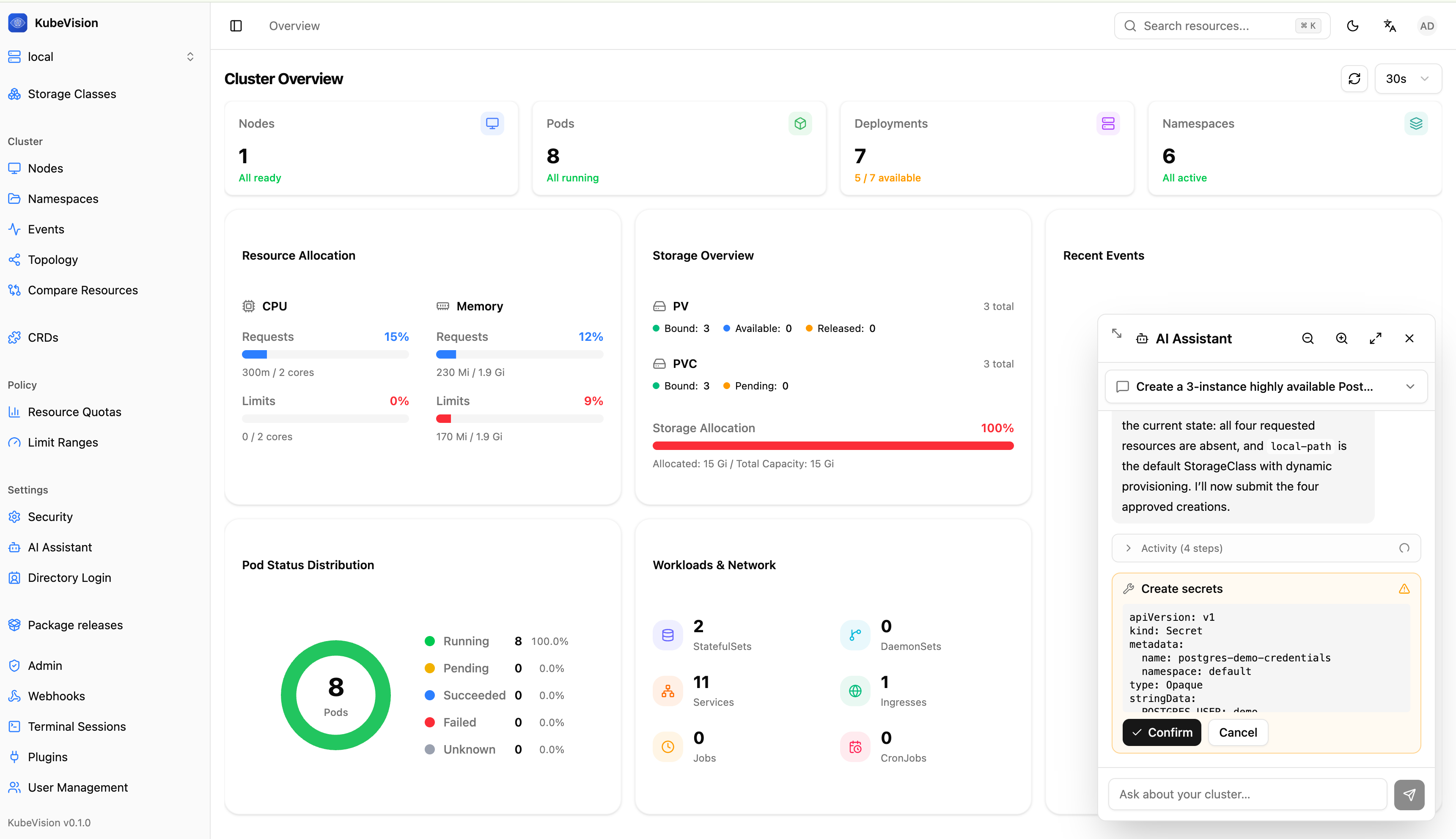 KubeVision overview with the AI approval workflow